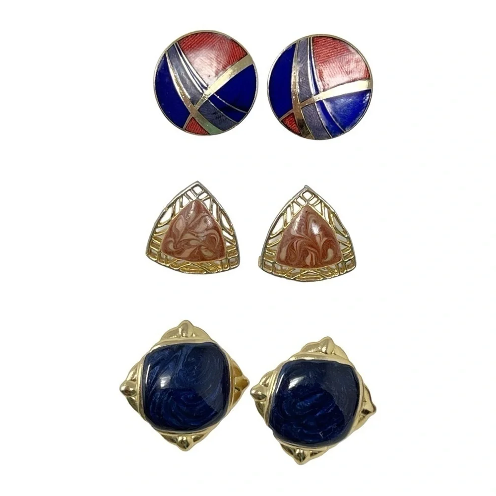 VTG lot 9 Pair of Pierced Earrings Gold Tone Enamel Bold